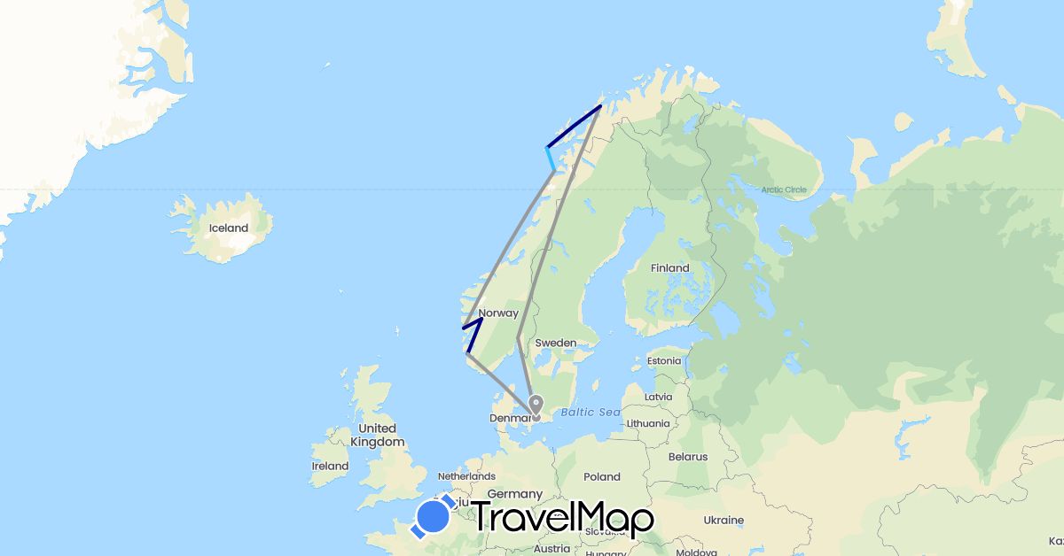 TravelMap itinerary: driving, plane, boat in Denmark, Norway (Europe)
